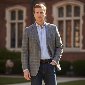 Couture Italian Beige Glen Plaid Super 150s Wool Blazer